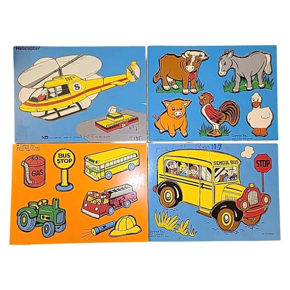 4 Vintage‎ Connor Toy Wooden Board Puzzles Animals Vehicles Bus Helicopter